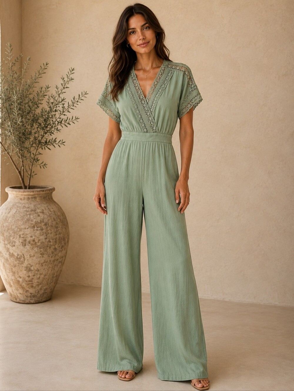 Blue Blush | Lattice Front Deep V Neck Wide Leg Jumpsuit